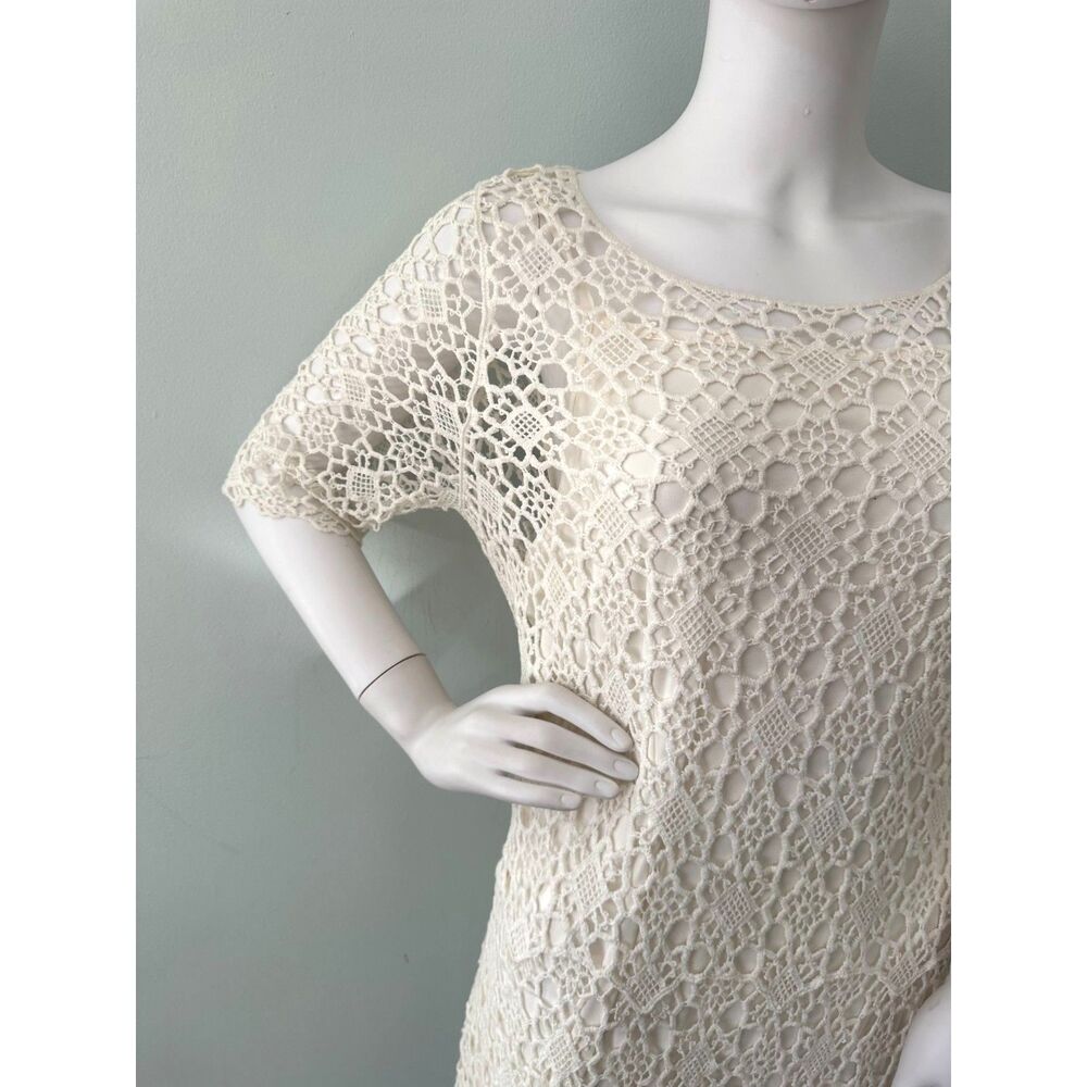 Lauren Ralph Lauren Ivory White Crochet Knit Short Sleeve Midi Dress size L - Picture 4 of 8